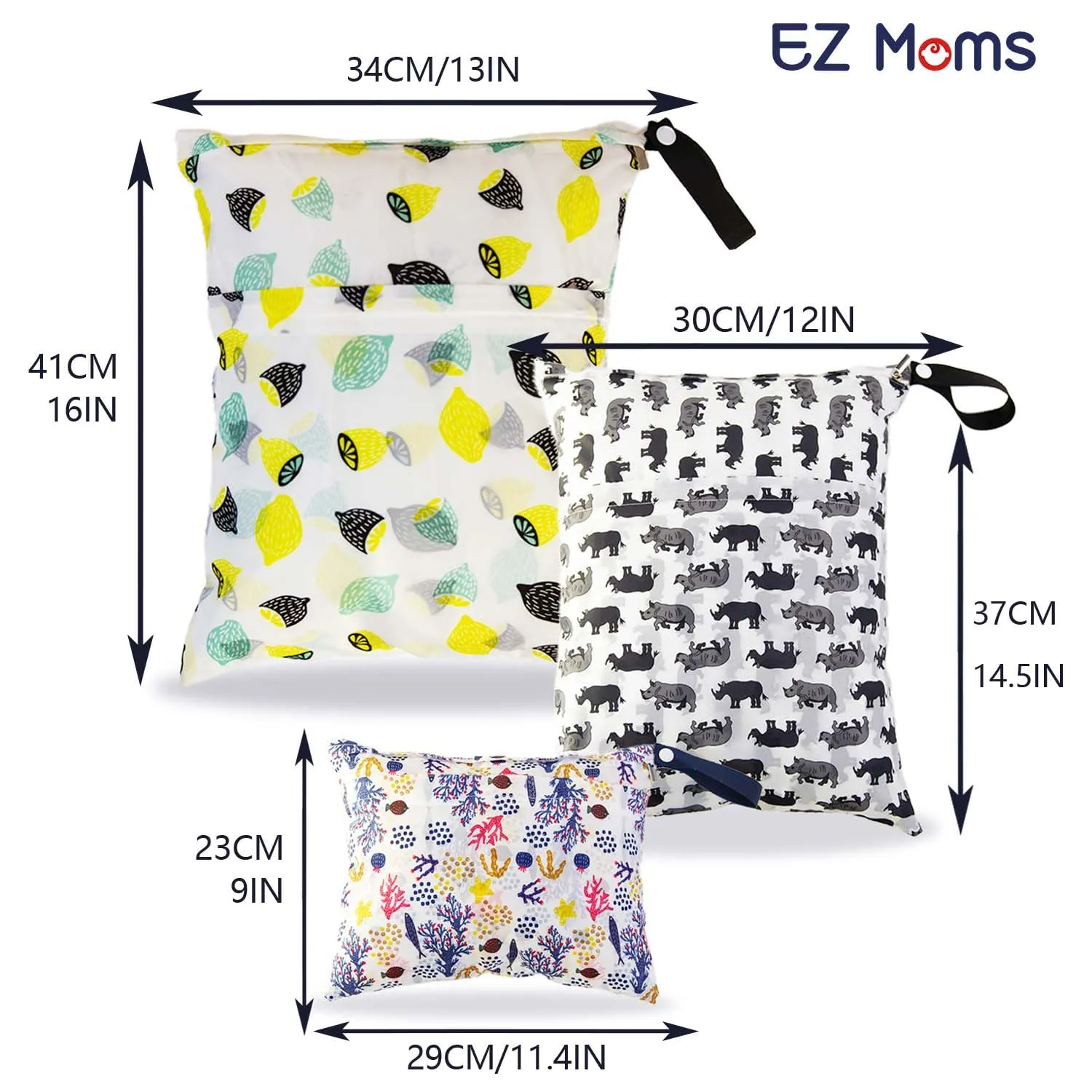 EZ Moms 4 Pcs Waterproof Wet Bag With Two Pockets For Diaper Pouch Large Wet Bag Reusable Wet Dry Bag Waterproof Bags For Swimming Wet Clothes Bag Baby Wet Bags For Travel Dirty Clothes Bag (3 Size)