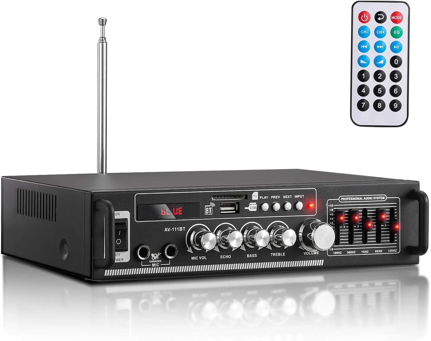 Facmogu AV-111BT Home Amplifier with Equalizer, 5-Band EQ Audio Amplifier, RMS 60Wx2 Power Amplifier Receiver for Home Theater/Garage, 2 Channel Stereo Amp w/ 2 Mic/USB/SD/RCA, Remote Control