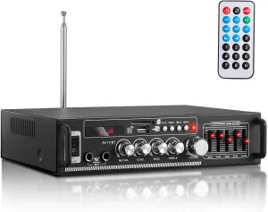 Facmogu AV-111BT Home Amplifier with Equalizer, 5-Band EQ Audio Amplifier, RMS 60Wx2 Power Amplifier Receiver for Home Theater/Garage, 2 Channel Stereo Amp w/ 2 Mic/USB/SD/RCA, Remote Control