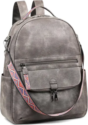 FADEON Leather Laptop Backpack Purse for Women, Designer Travel PU Backpack with Laptop Compartment for Work Grey
