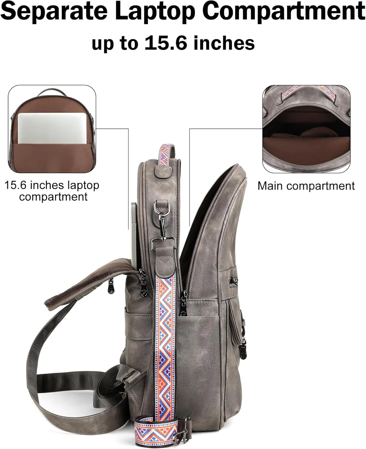 FADEON Leather Laptop Backpack Purse for Women, Designer Travel PU Backpack with Laptop Compartment for Work Grey