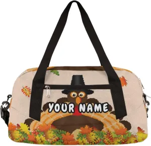 Fall Leaves Thanksgiving Turkey Personalized Kids Duffel Bag for Girls Boys, Turkey Debris Custom Dance Bag Overnight Small Duffel Bag Carry On Weekend Sports Travel Bag for School Practice Gymnastics Ballet