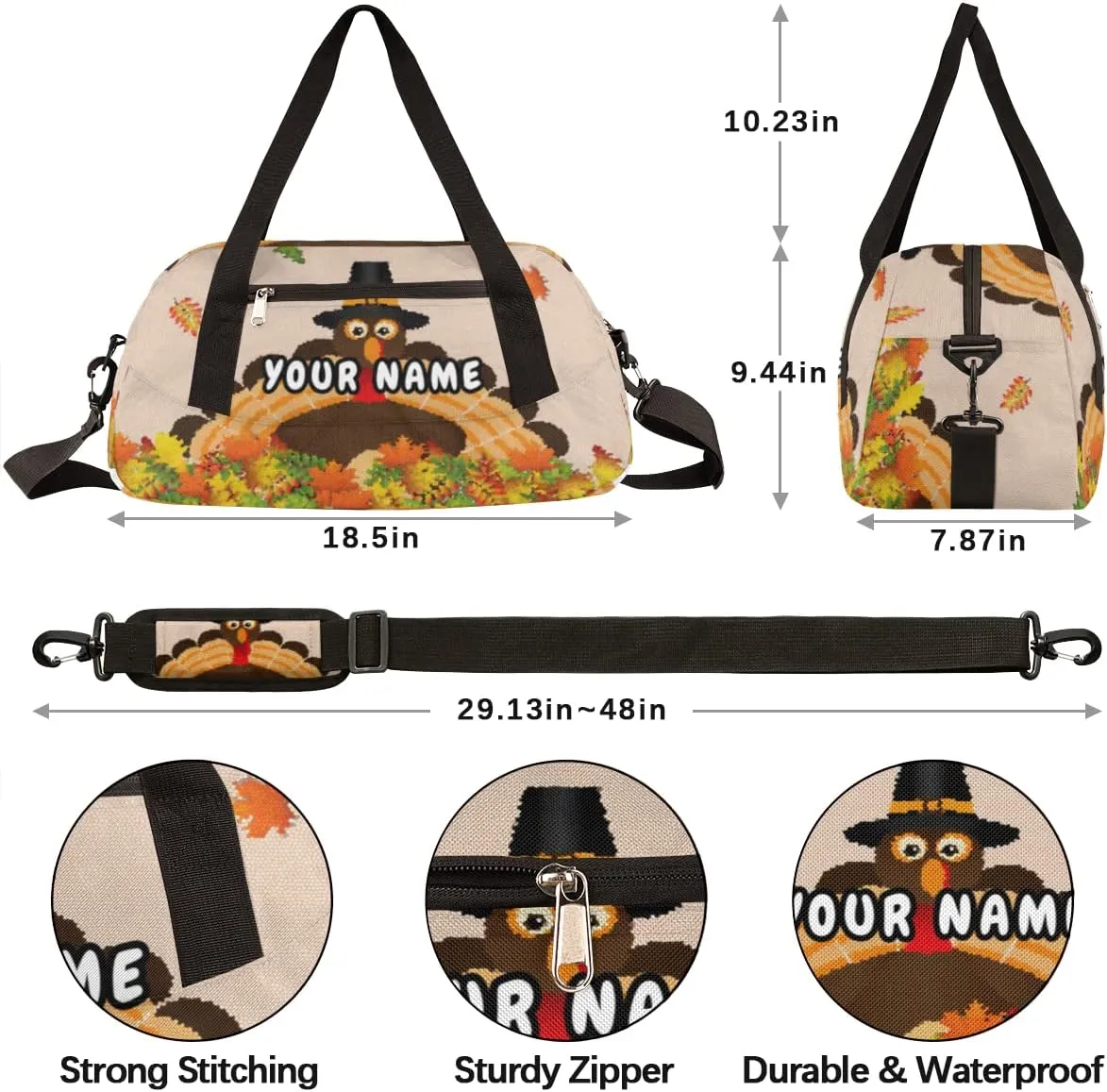 Fall Leaves Thanksgiving Turkey Personalized Kids Duffel Bag for Girls Boys, Turkey Debris Custom Dance Bag Overnight Small Duffel Bag Carry On Weekend Sports Travel Bag for School Practice Gymnastics Ballet