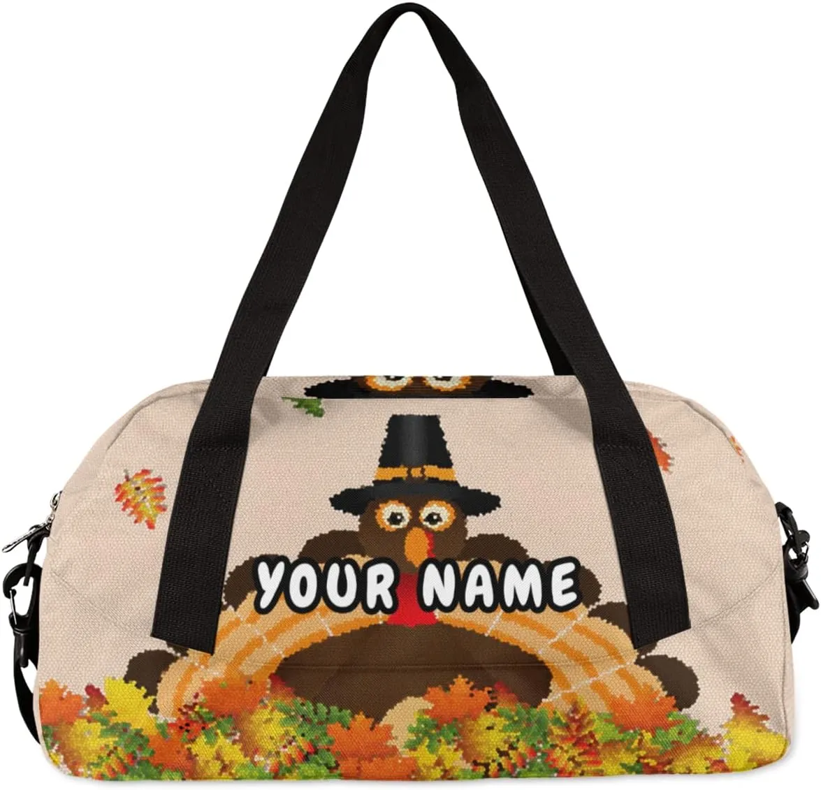Fall Leaves Thanksgiving Turkey Personalized Kids Duffel Bag for Girls Boys, Turkey Debris Custom Dance Bag Overnight Small Duffel Bag Carry On Weekend Sports Travel Bag for School Practice Gymnastics Ballet