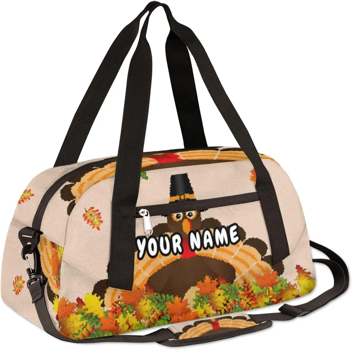 Fall Leaves Thanksgiving Turkey Personalized Kids Duffel Bag for Girls Boys, Turkey Debris Custom Dance Bag Overnight Small Duffel Bag Carry On Weekend Sports Travel Bag for School Practice Gymnastics Ballet