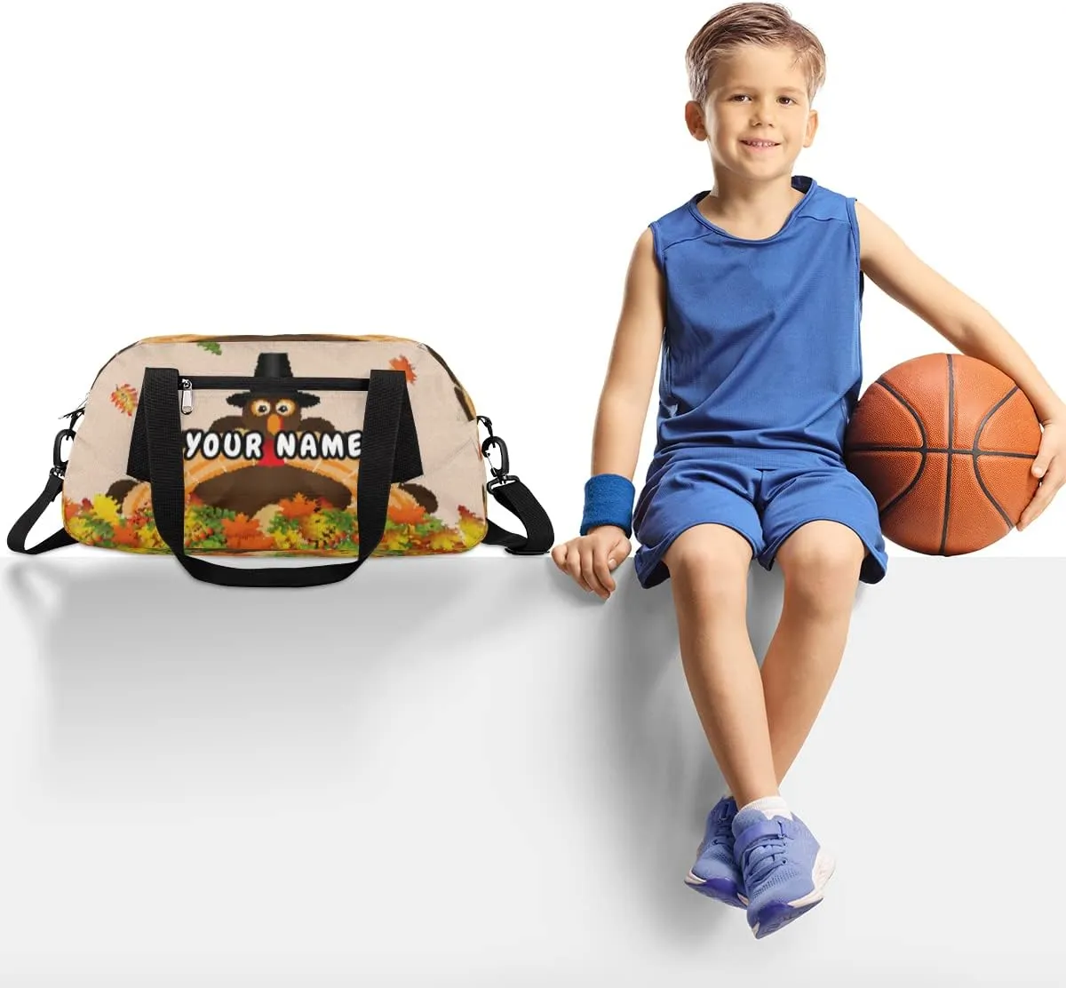 Fall Leaves Thanksgiving Turkey Personalized Kids Duffel Bag for Girls Boys, Turkey Debris Custom Dance Bag Overnight Small Duffel Bag Carry On Weekend Sports Travel Bag for School Practice Gymnastics Ballet