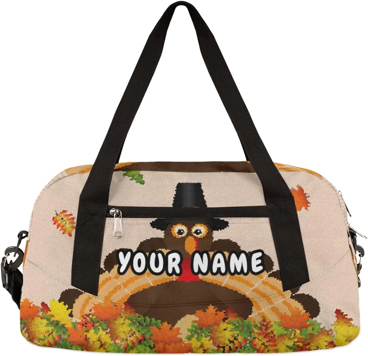 Fall Leaves Thanksgiving Turkey Personalized Kids Duffel Bag for Girls Boys, Turkey Debris Custom Dance Bag Overnight Small Duffel Bag Carry On Weekend Sports Travel Bag for School Practice Gymnastics Ballet