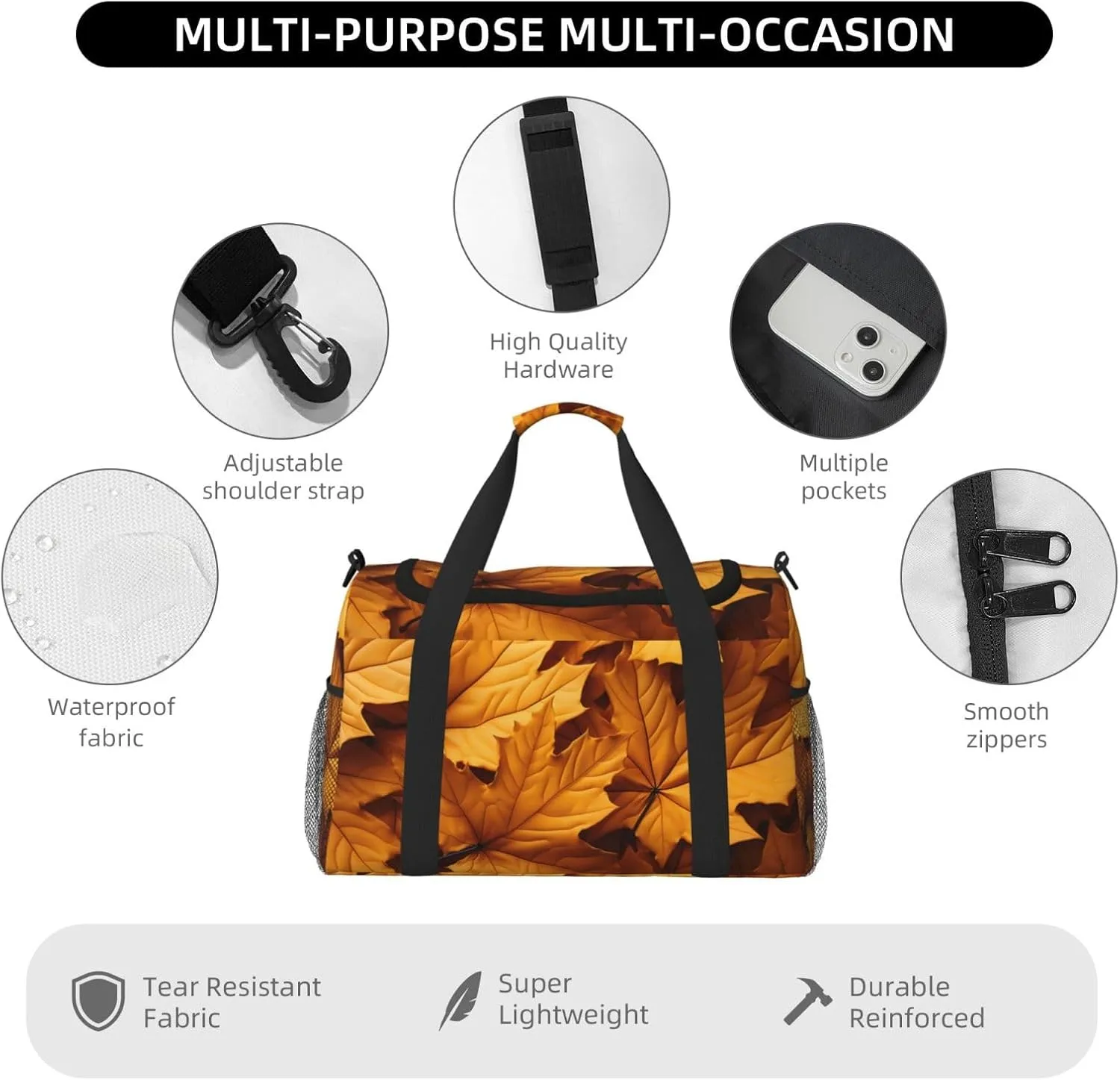 Fall Leaves Wooden Duffle Bag Foldable Travel Tote Bag Carry On Large Weekender Overnight Bags Waterproof Gym Bag For Women Men