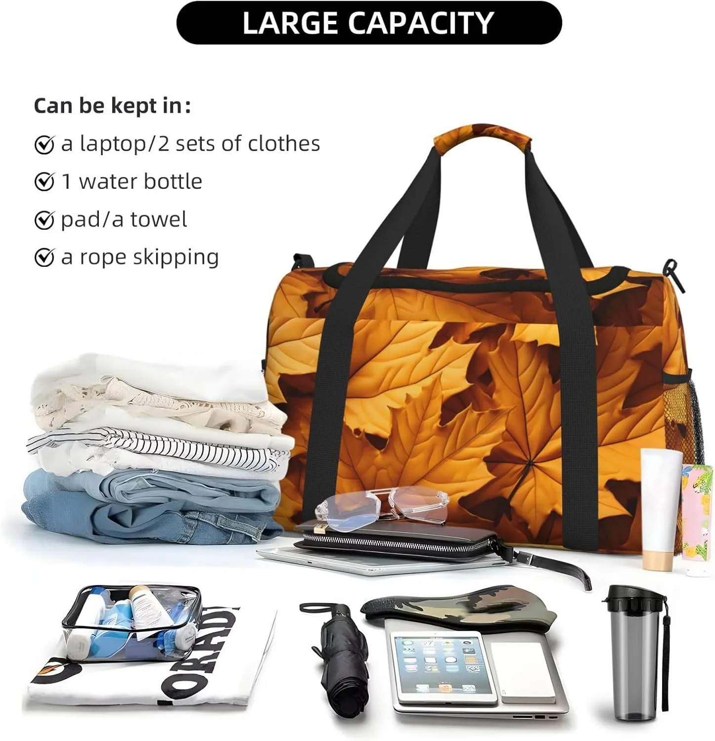 Fall Leaves Wooden Duffle Bag Foldable Travel Tote Bag Carry On Large Weekender Overnight Bags Waterproof Gym Bag For Women Men
