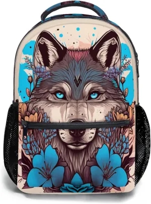 Fashion Wolf Backpack for Boys Girls Preppy Cream Colored Durable Casual Basic Kids Bookbag Cute Blue Floral Lightweight School Bag for Teens Students Travel Daypack