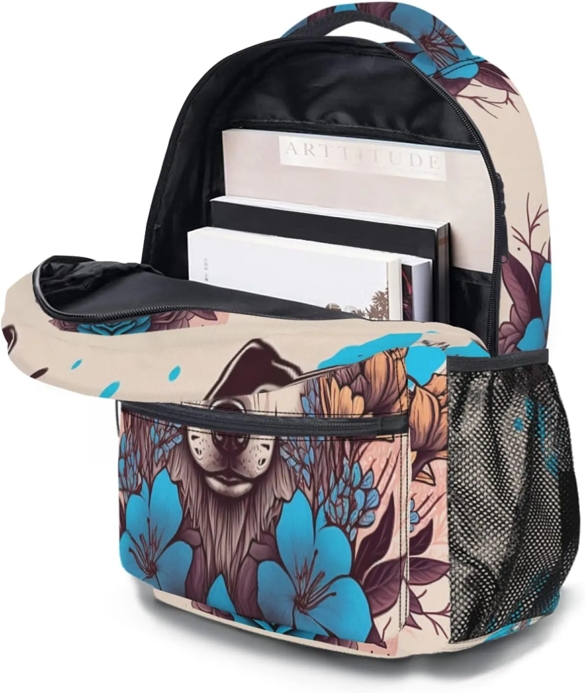 Fashion Wolf Backpack for Boys Girls Preppy Cream Colored Durable Casual Basic Kids Bookbag Cute Blue Floral Lightweight School Bag for Teens Students Travel Daypack