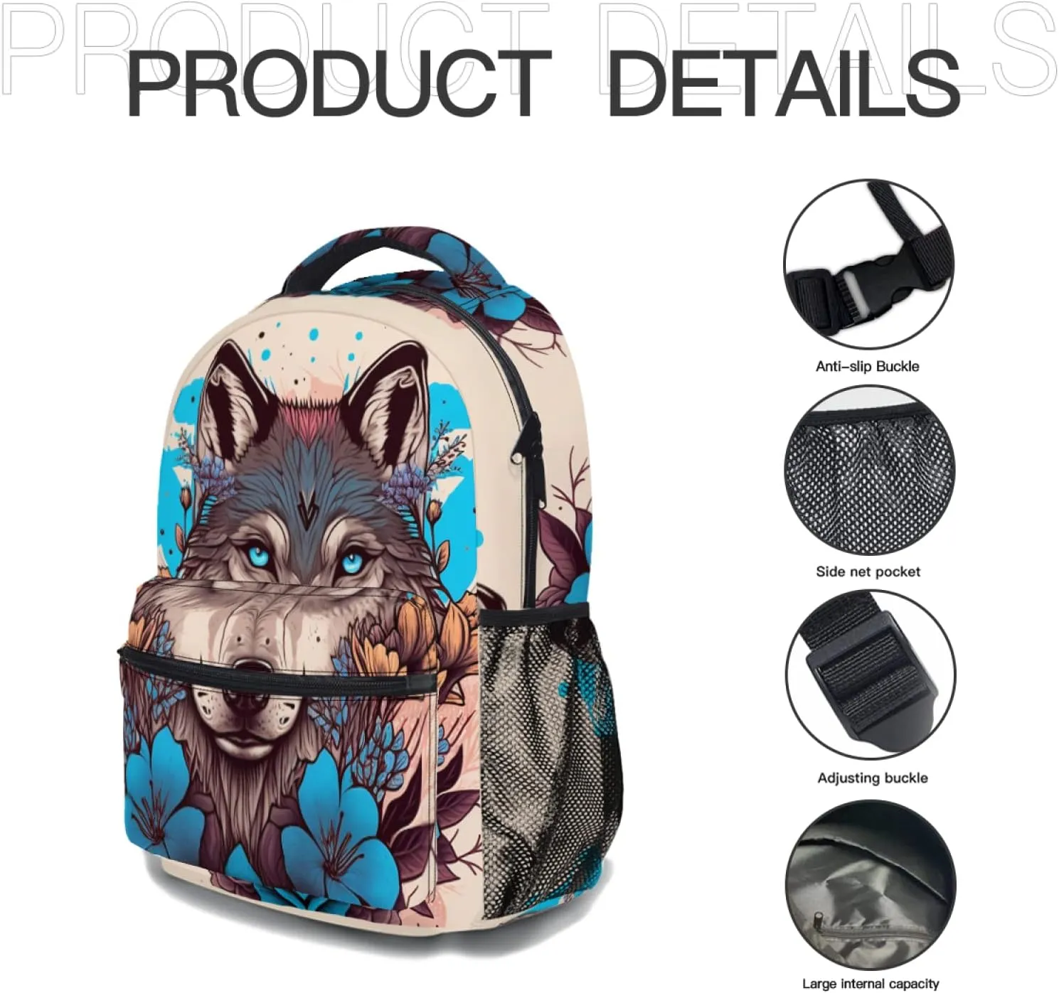 Fashion Wolf Backpack for Boys Girls Preppy Cream Colored Durable Casual Basic Kids Bookbag Cute Blue Floral Lightweight School Bag for Teens Students Travel Daypack