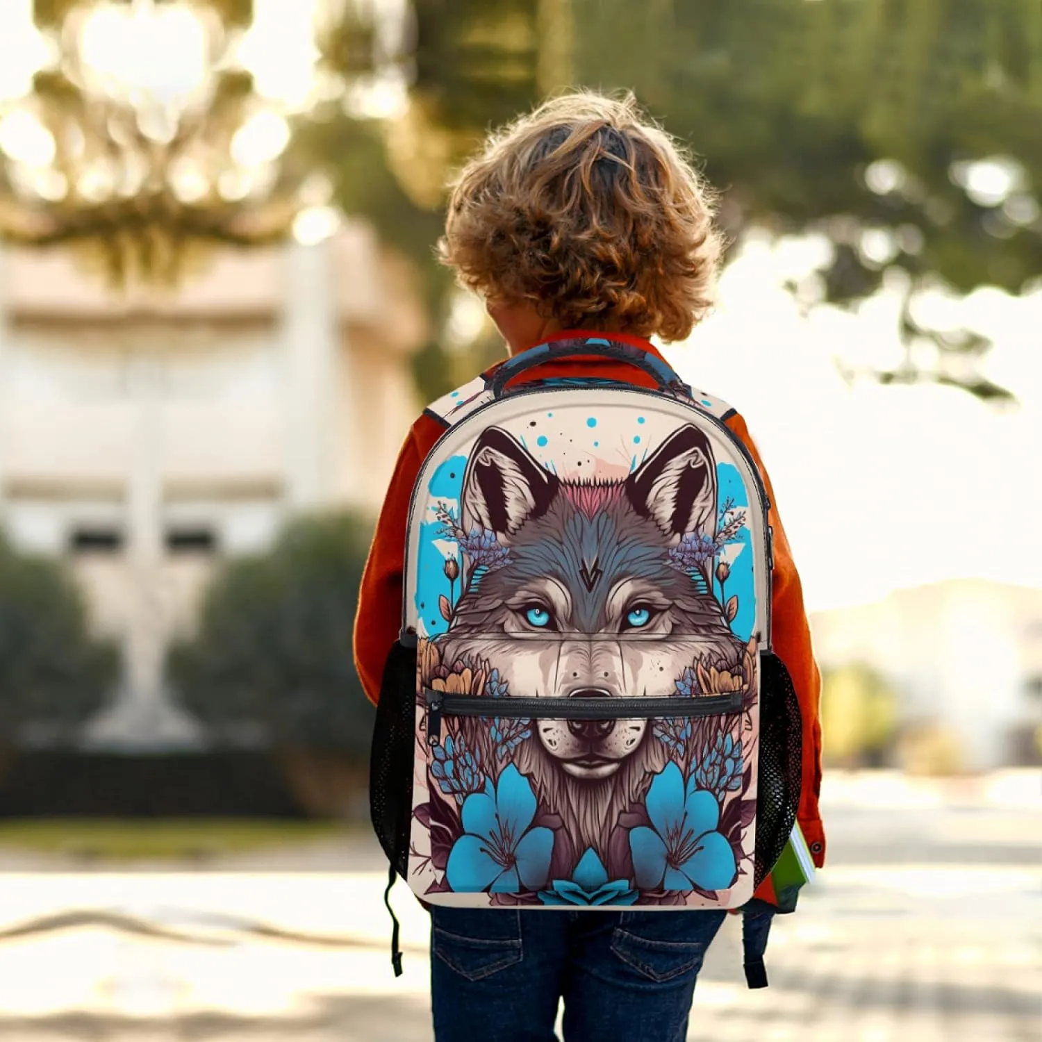Fashion Wolf Backpack for Boys Girls Preppy Cream Colored Durable Casual Basic Kids Bookbag Cute Blue Floral Lightweight School Bag for Teens Students Travel Daypack