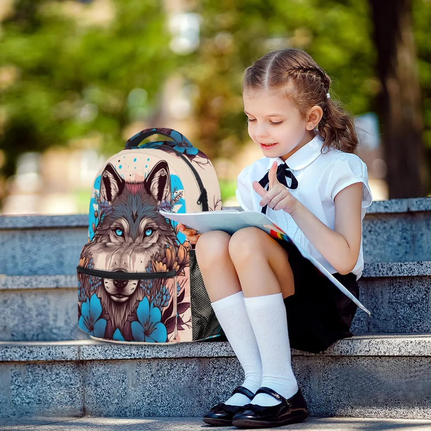 Fashion Wolf Backpack for Boys Girls Preppy Cream Colored Durable Casual Basic Kids Bookbag Cute Blue Floral Lightweight School Bag for Teens Students Travel Daypack