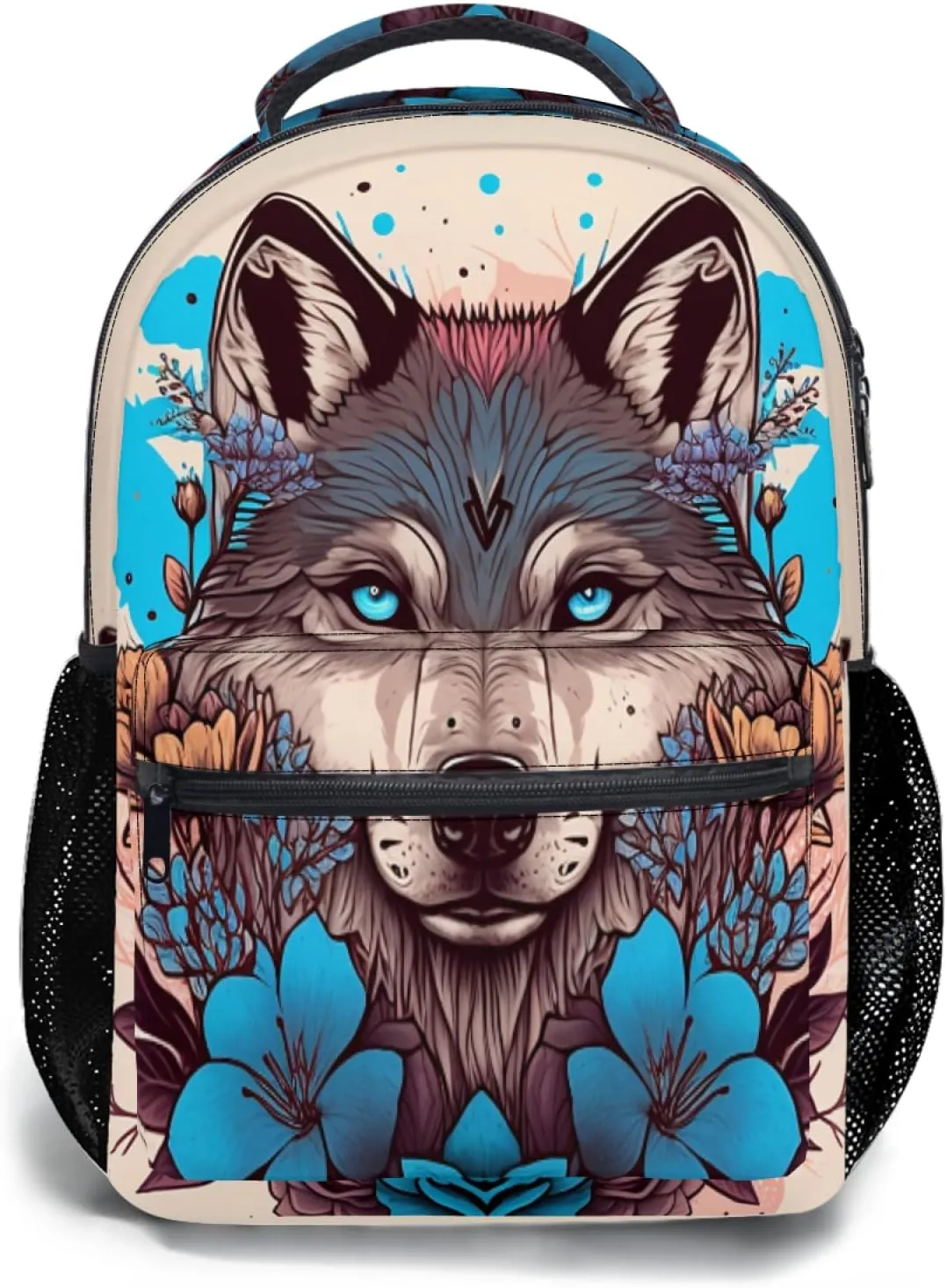 Fashion Wolf Backpack for Boys Girls Preppy Cream Colored Durable Casual Basic Kids Bookbag Cute Blue Floral Lightweight School Bag for Teens Students Travel Daypack