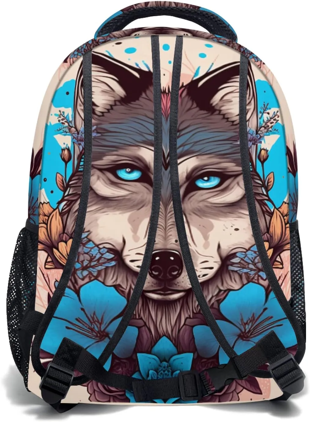Fashion Wolf Backpack for Boys Girls Preppy Cream Colored Durable Casual Basic Kids Bookbag Cute Blue Floral Lightweight School Bag for Teens Students Travel Daypack