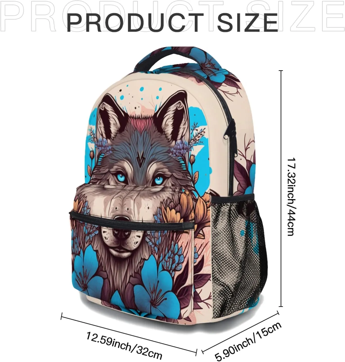 Fashion Wolf Backpack for Boys Girls Preppy Cream Colored Durable Casual Basic Kids Bookbag Cute Blue Floral Lightweight School Bag for Teens Students Travel Daypack