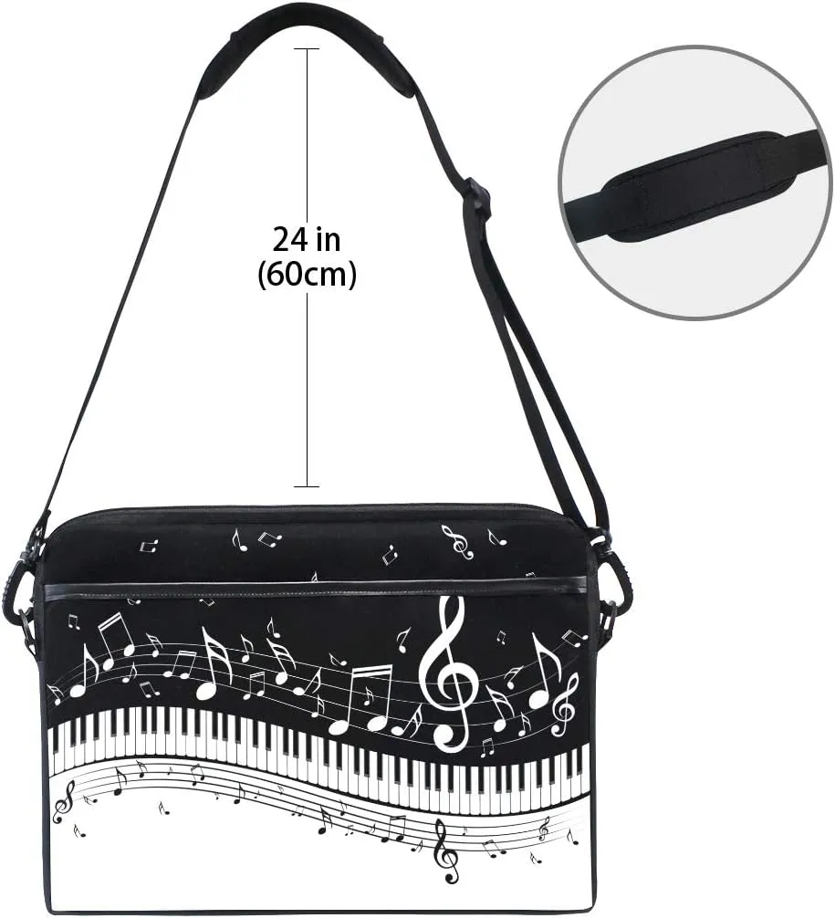 Fashionable Black White Music Note Score 15 inch Laptop Case Shoulder Bag Crossbody Briefcase Messenger Sleeve for Women Men Girls Boys with Shoulder Strap Handle, Back to School Gifts