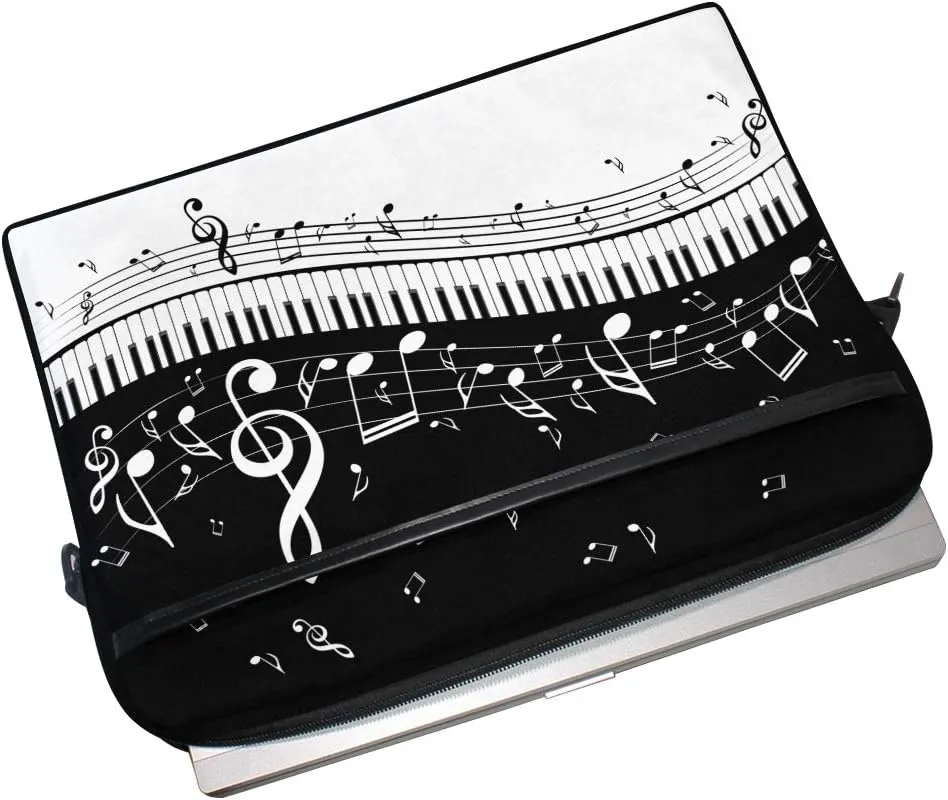 Fashionable Black White Music Note Score 15 inch Laptop Case Shoulder Bag Crossbody Briefcase Messenger Sleeve for Women Men Girls Boys with Shoulder Strap Handle, Back to School Gifts