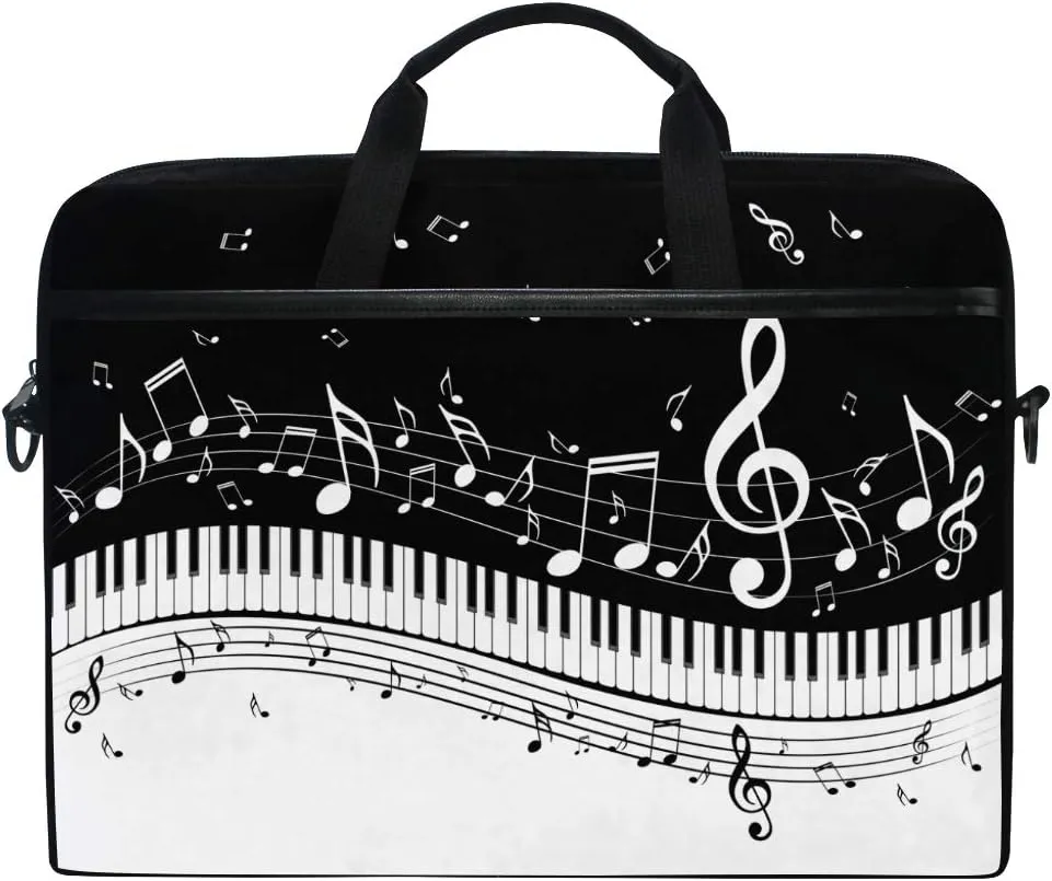 Fashionable Black White Music Note Score 15 inch Laptop Case Shoulder Bag Crossbody Briefcase Messenger Sleeve for Women Men Girls Boys with Shoulder Strap Handle, Back to School Gifts