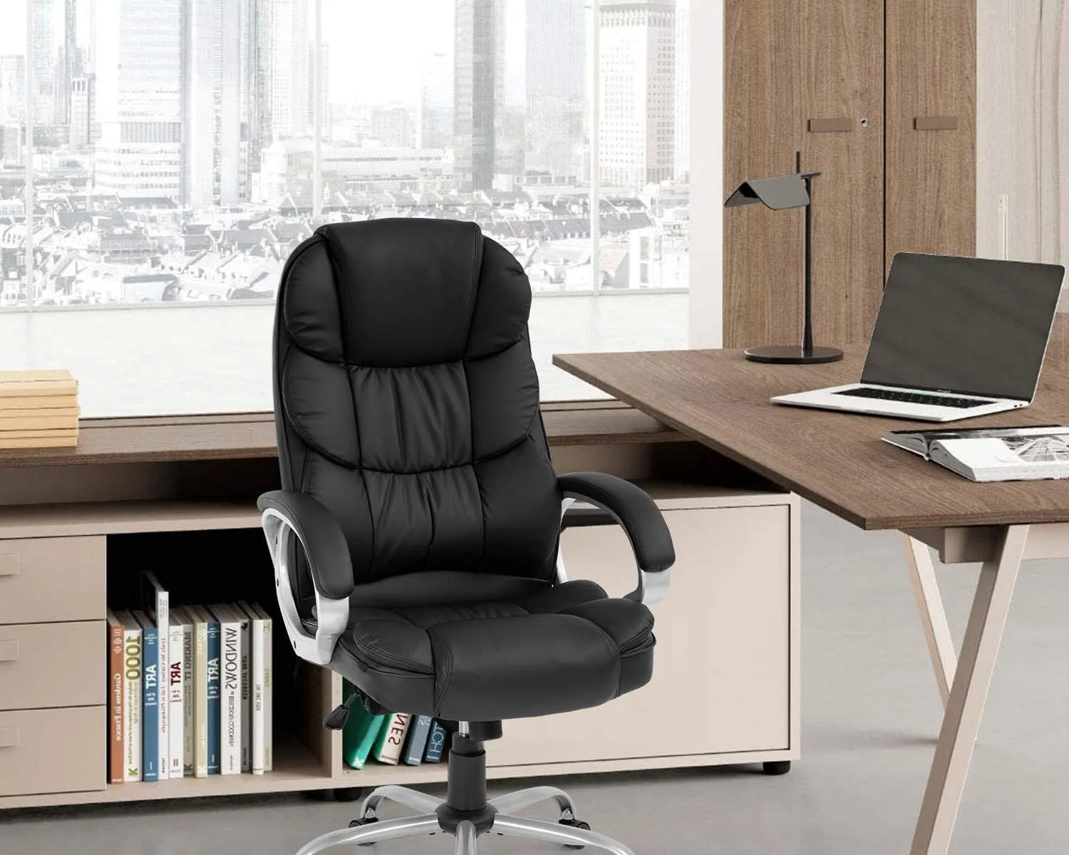 FDW Office Chair Computer High Back Adjustable Ergonomic Desk Chair Executive PU Leather Swivel Task Chair with Armrests Lumbar Support (Black)