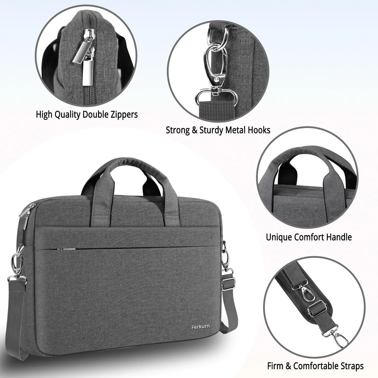 Ferkurn Laptop Bag Case for Women Men Computer Bag Compatible with HP Envy Omen/LG Gram/MSI/Dell XPS/Lenovo Thinkpad/ASUS/Acer, Shoulder Strap Carrying Messenger Briefcase, Grey, 15 15.6 Inch