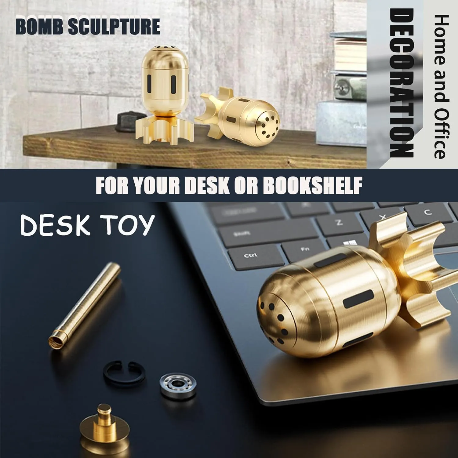 Fidget Spinner-Desk Toys, Metal Fidget Spinners, Fidget Toys Adults, Cool Gadgets for Kids, ADHD Stress Relief EDC Finger Spinning Toy, Brass Atomic Bomb Sculpture Office Home Decor