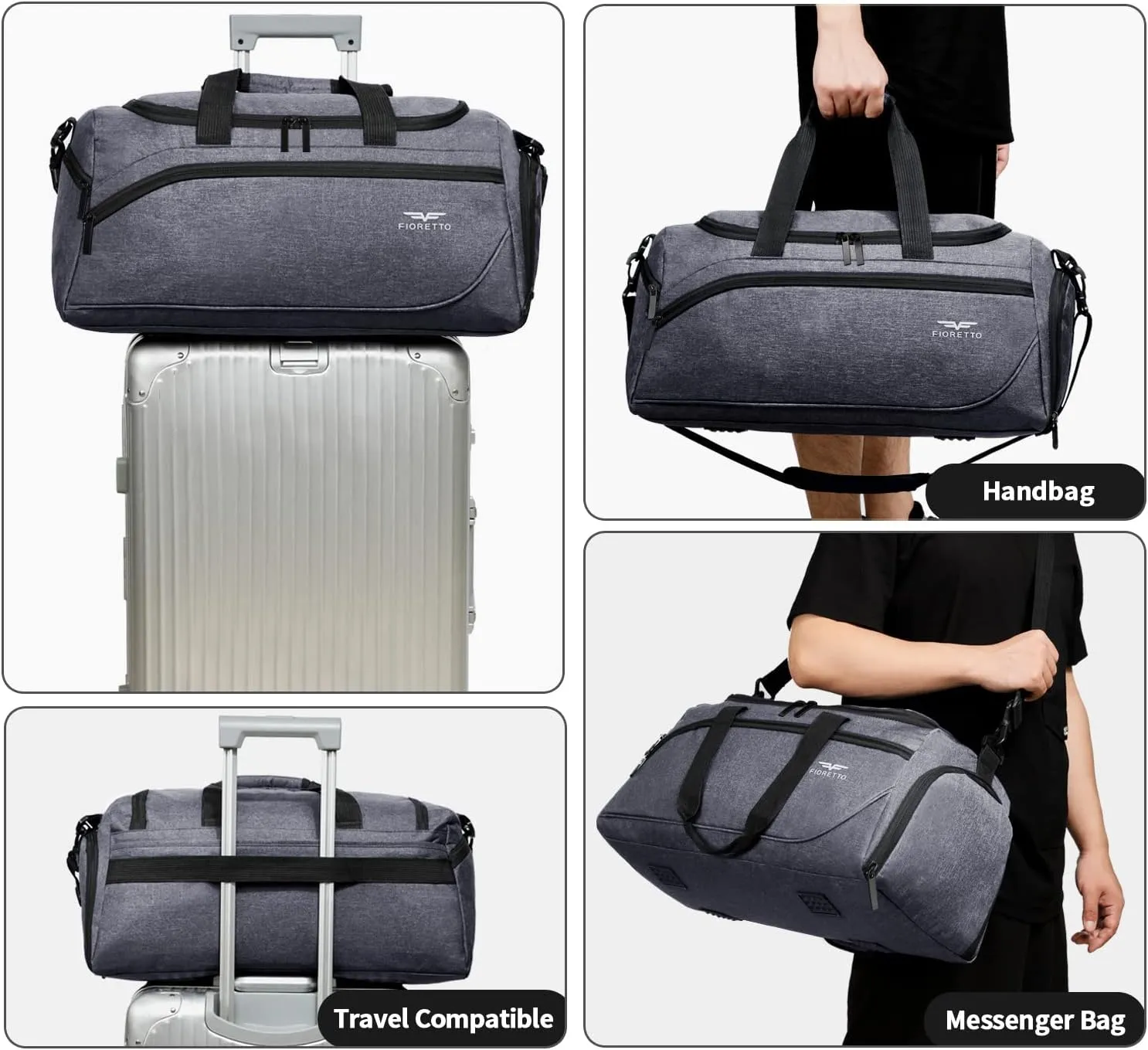 FIORETTO 35L Mens Sports Gym Duffle Bag with Wet Pocket & Shoe Compartment, Overnight Weekender Bag with Padded Shoulder Strap, Ideal for Travel, Gym, Sports, Swimming, Grey