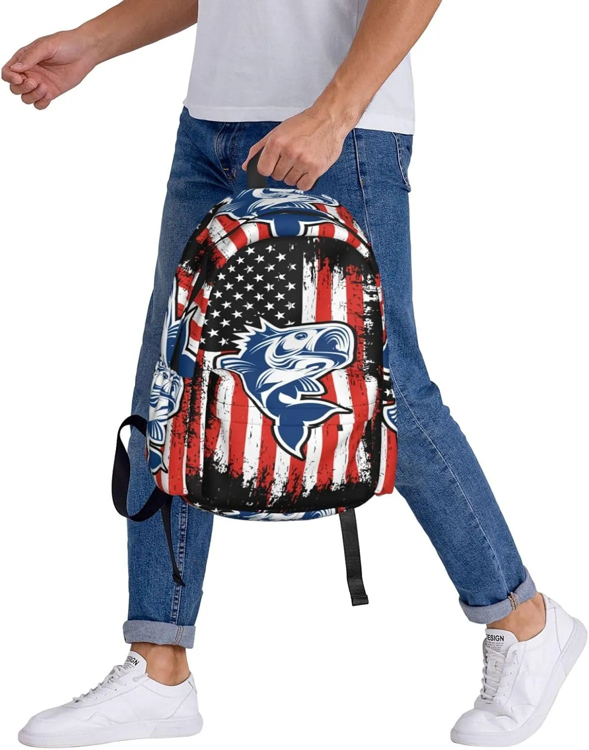Fishing American Flag Casual Backpacks Large Travel Backpack Laptop Rucksack Sports Daypack Adjustable Strap Bag for Camping Hiking