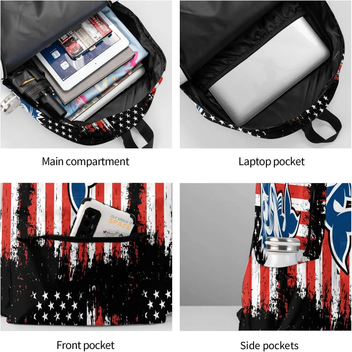 Fishing American Flag Casual Backpacks Large Travel Backpack Laptop Rucksack Sports Daypack Adjustable Strap Bag for Camping Hiking