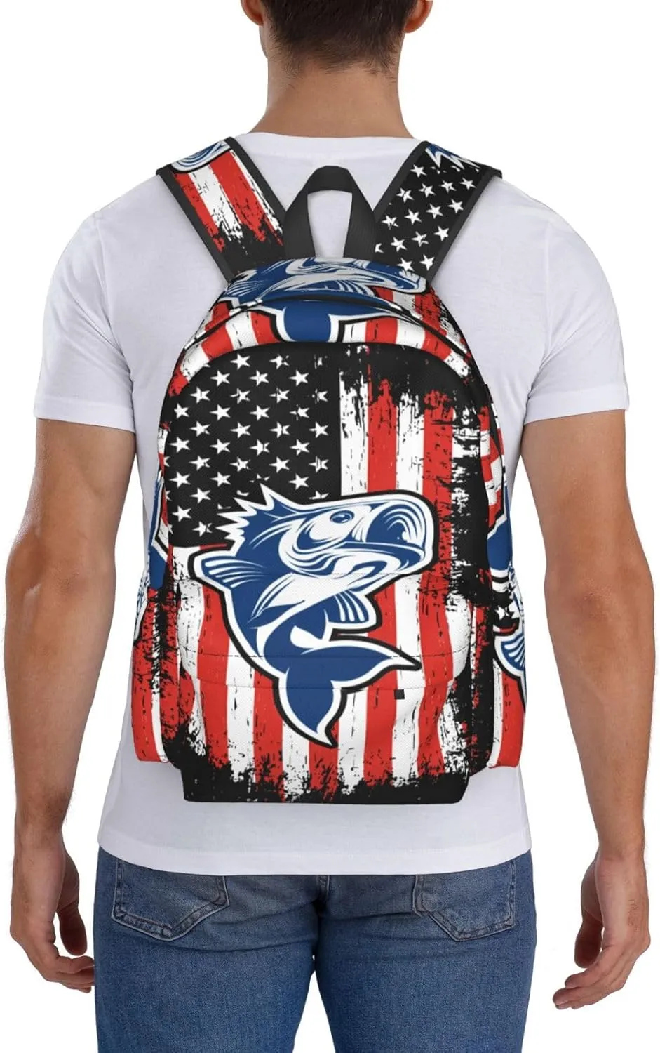Fishing American Flag Casual Backpacks Large Travel Backpack Laptop Rucksack Sports Daypack Adjustable Strap Bag for Camping Hiking