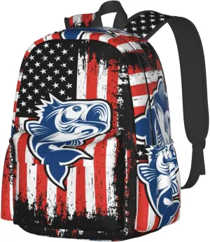 Fishing American Flag Casual Backpacks Large Travel Backpack Laptop Rucksack Sports Daypack Adjustable Strap Bag for Camping Hiking