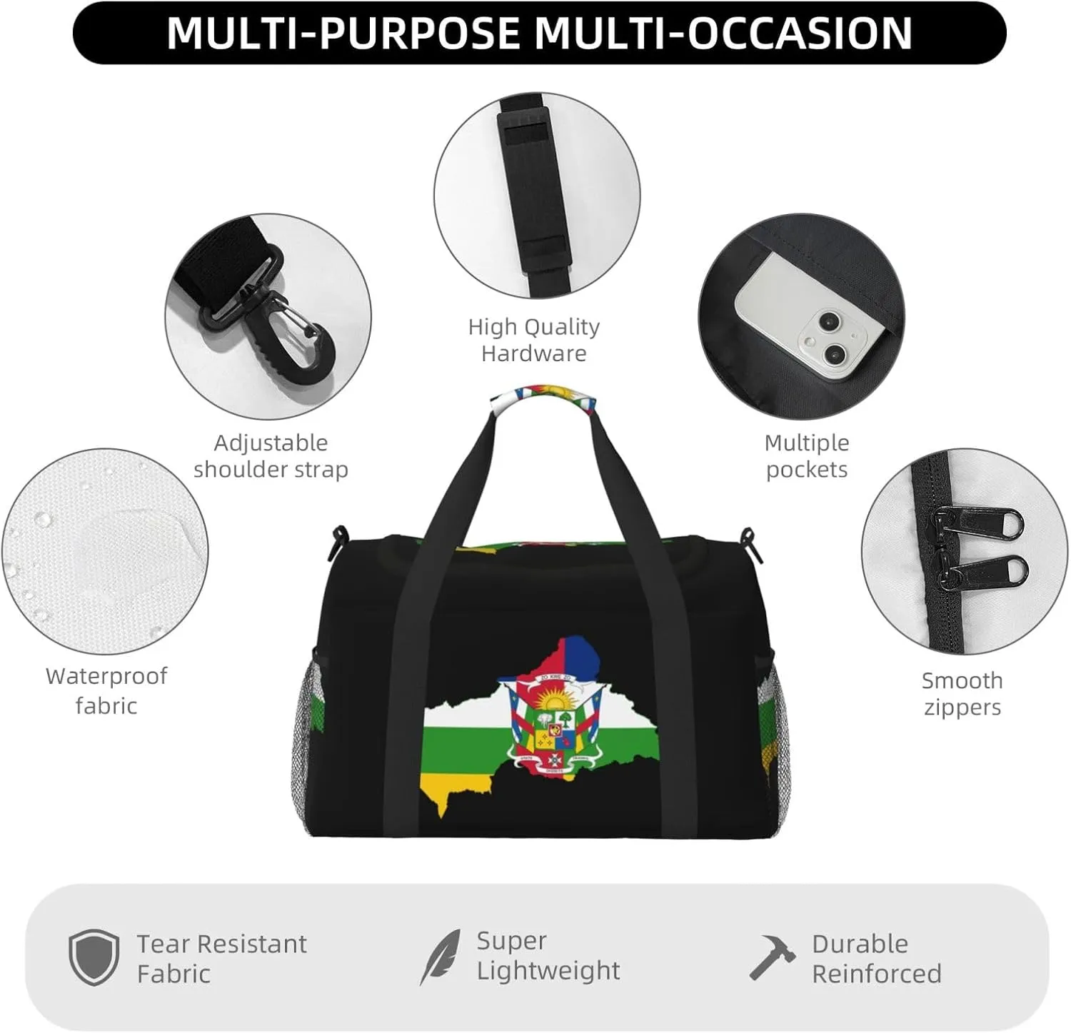 Flag Map Of Central African Travel Duffel Bag Large Foldable Waterproof Overnight Bag For Beach Swim Bags Pool Sports Gym