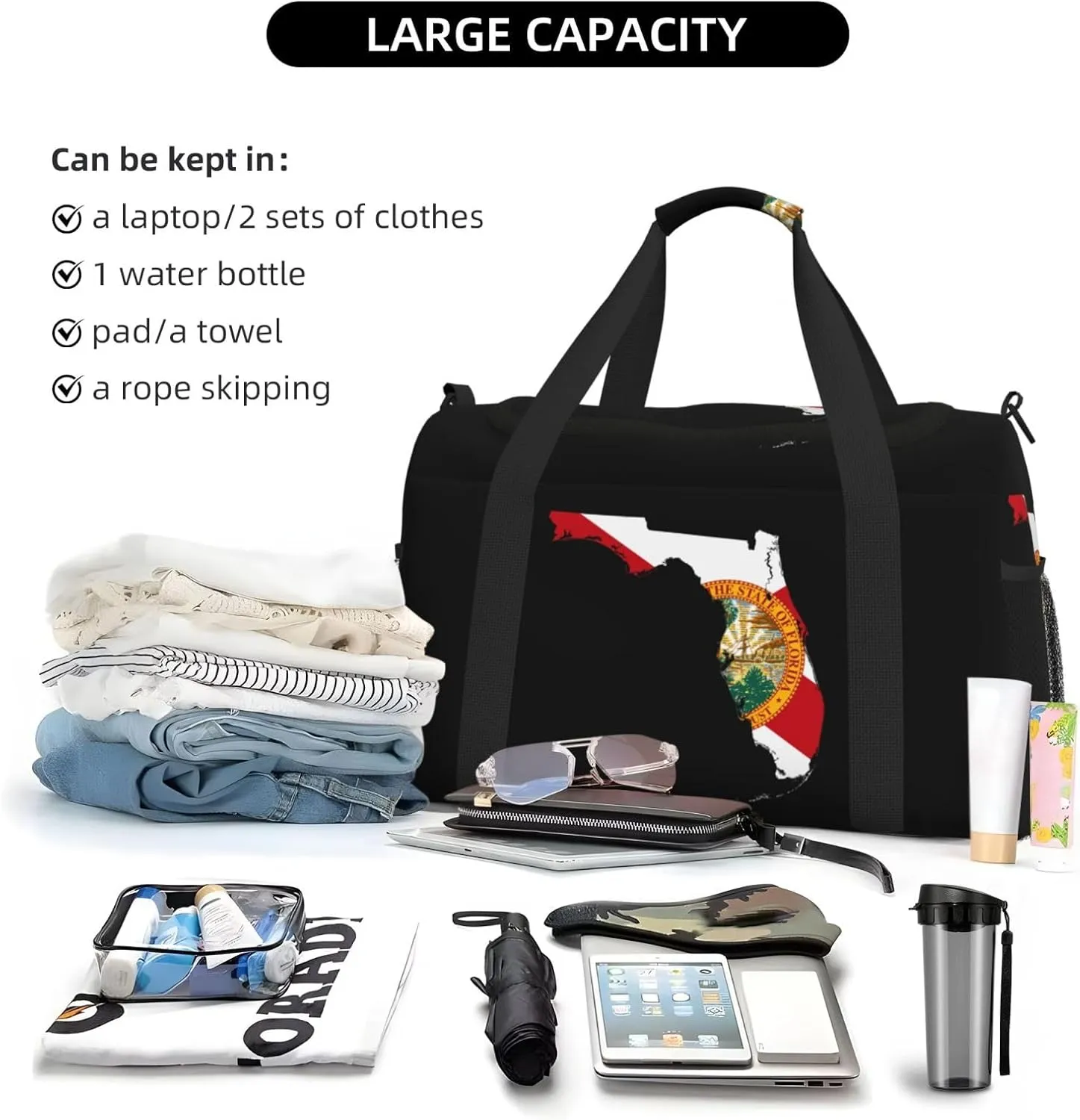 Flag Map Of Florida Travel Duffel Bag Large Foldable Waterproof Overnight Bag For Beach Swim Bags Pool Sports Gym
