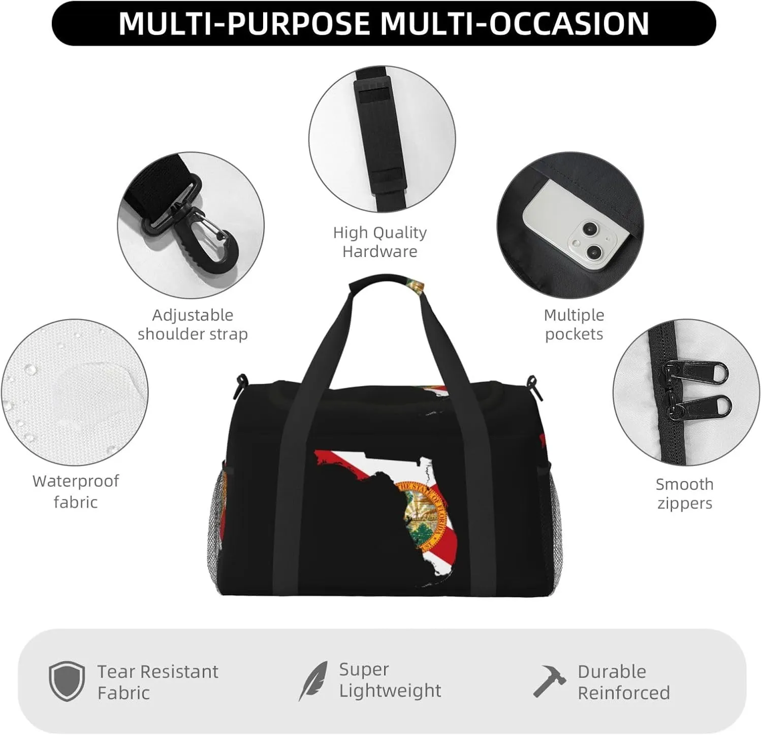 Flag Map Of Florida Travel Duffel Bag Large Foldable Waterproof Overnight Bag For Beach Swim Bags Pool Sports Gym