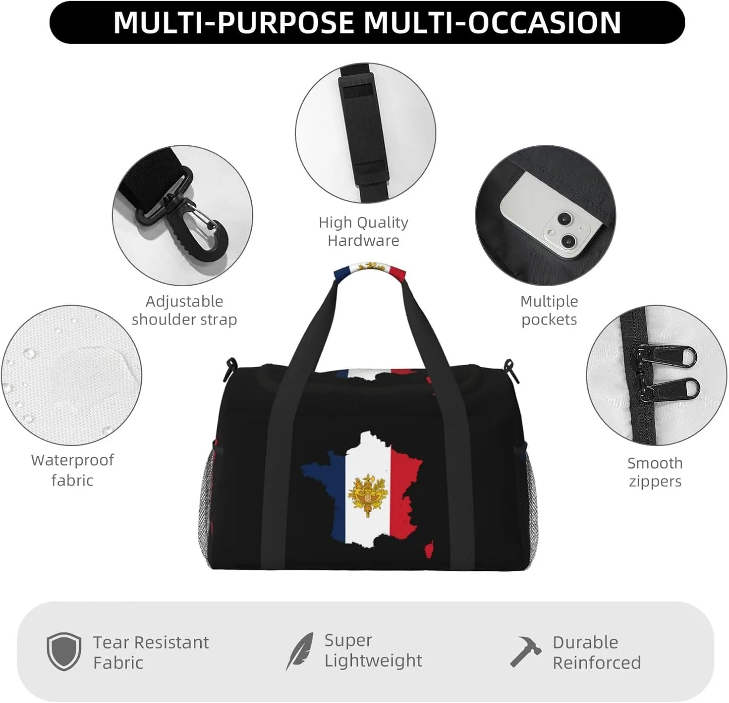 Flag Map Of France Travel Duffel Bag Large Foldable Waterproof Overnight Bag For Beach Swim Bags Pool Sports Gym