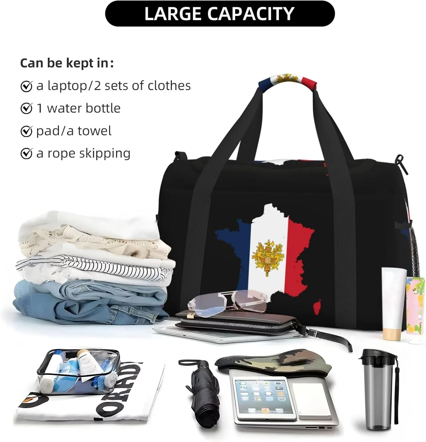 Flag Map Of France Travel Duffel Bag Large Foldable Waterproof Overnight Bag For Beach Swim Bags Pool Sports Gym