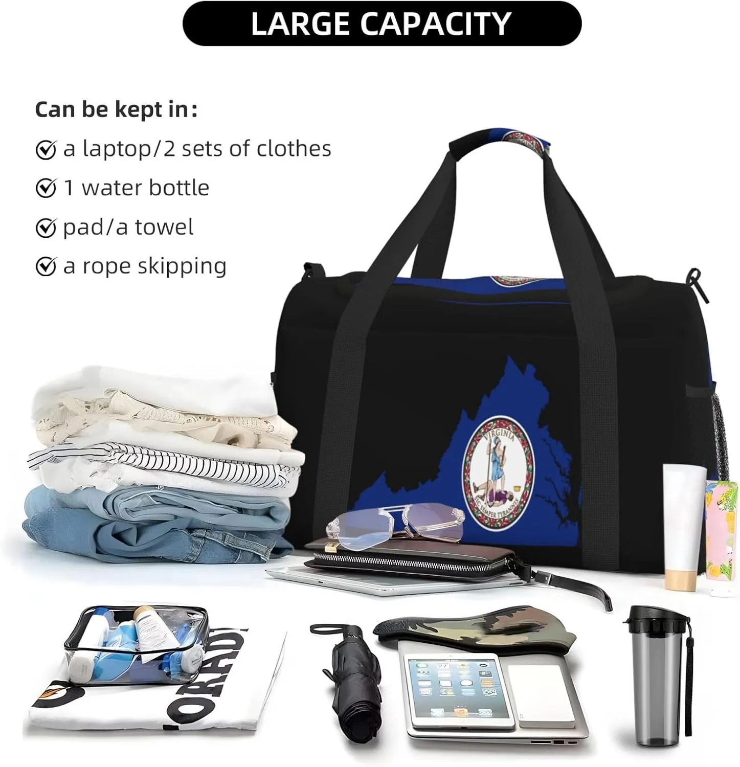Flag Map Of Virginia Travel Duffel Bag Large Foldable Waterproof Overnight Bag For Beach Swim Bags Pool Sports Gym
