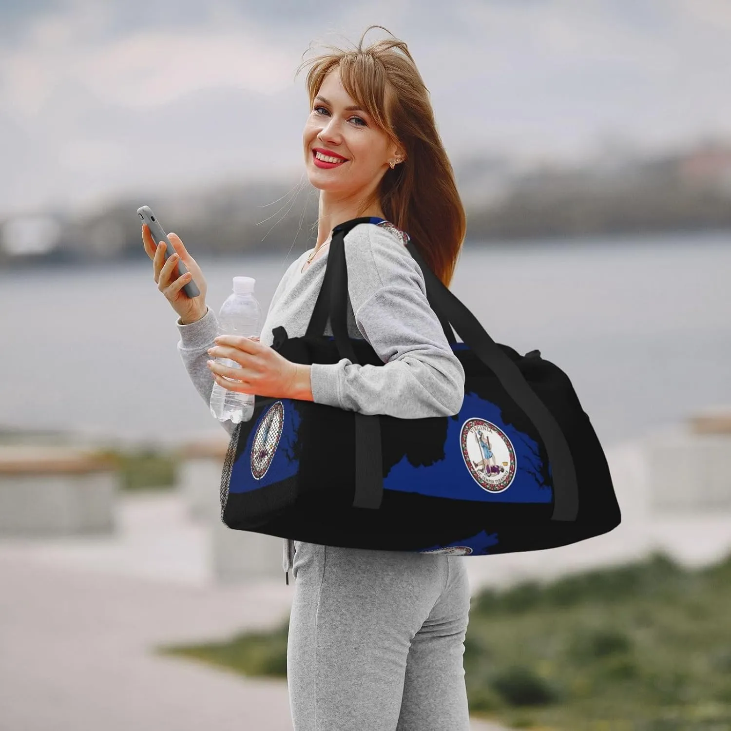 Flag Map Of Virginia Travel Duffel Bag Large Foldable Waterproof Overnight Bag For Beach Swim Bags Pool Sports Gym