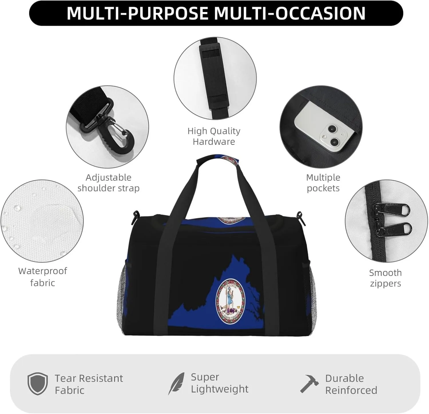 Flag Map Of Virginia Travel Duffel Bag Large Foldable Waterproof Overnight Bag For Beach Swim Bags Pool Sports Gym