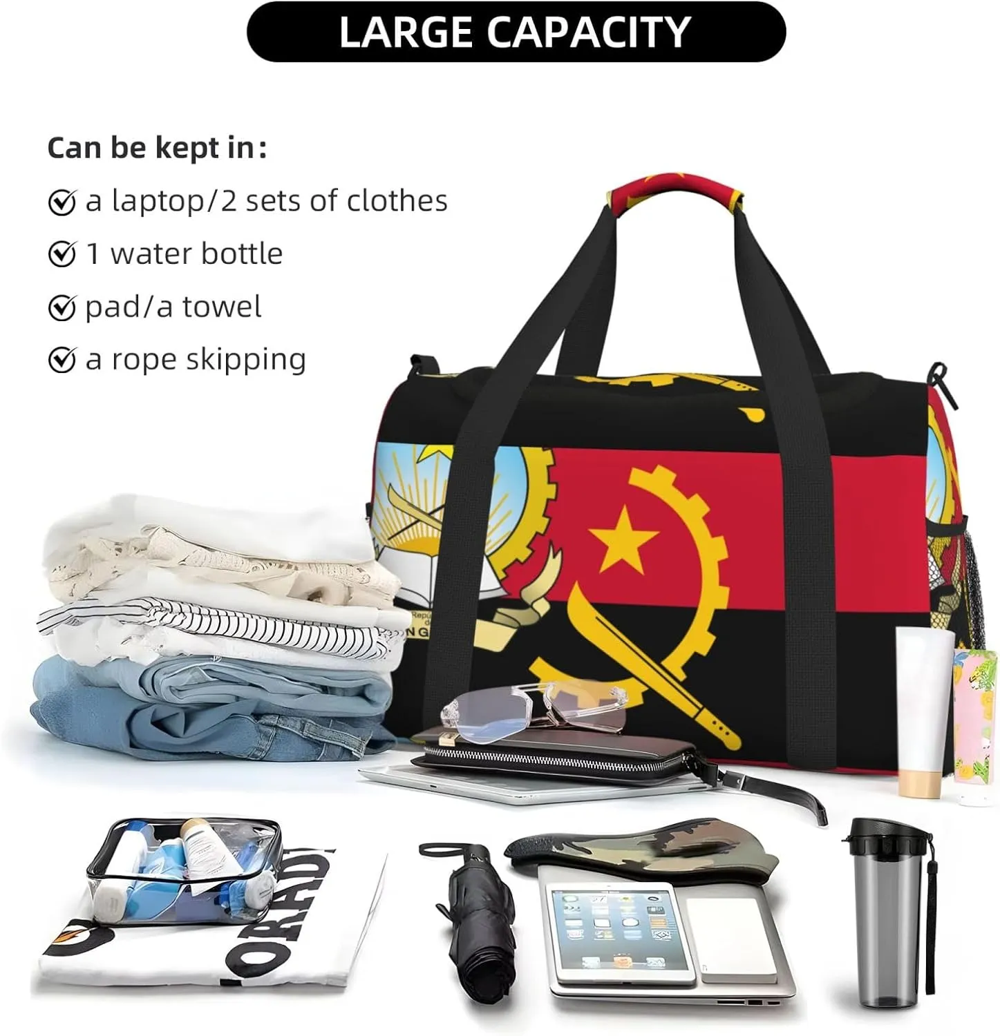 Flag Of Angola Travel Duffel Bag Large Foldable Waterproof Overnight Bag For Beach Swim Bags Pool Sports Gym