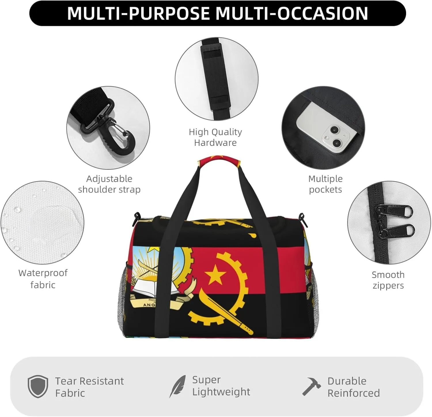 Flag Of Angola Travel Duffel Bag Large Foldable Waterproof Overnight Bag For Beach Swim Bags Pool Sports Gym