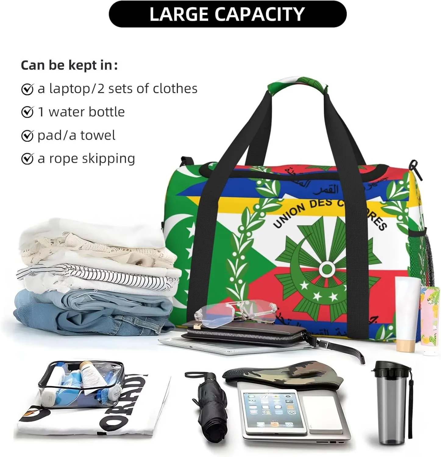 Flag Of Comoros Travel Duffel Bag Large Foldable Waterproof Overnight Bag For Beach Swim Bags Pool Sports Gym