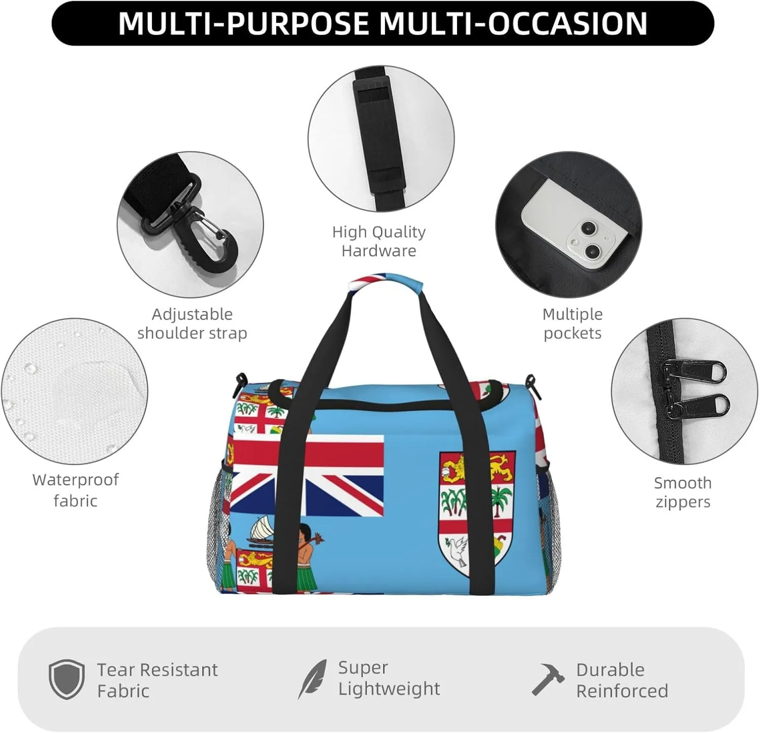 Flag Of Fiji Travel Duffel Bag Large Foldable Waterproof Overnight Bag For Beach Swim Bags Pool Sports Gym