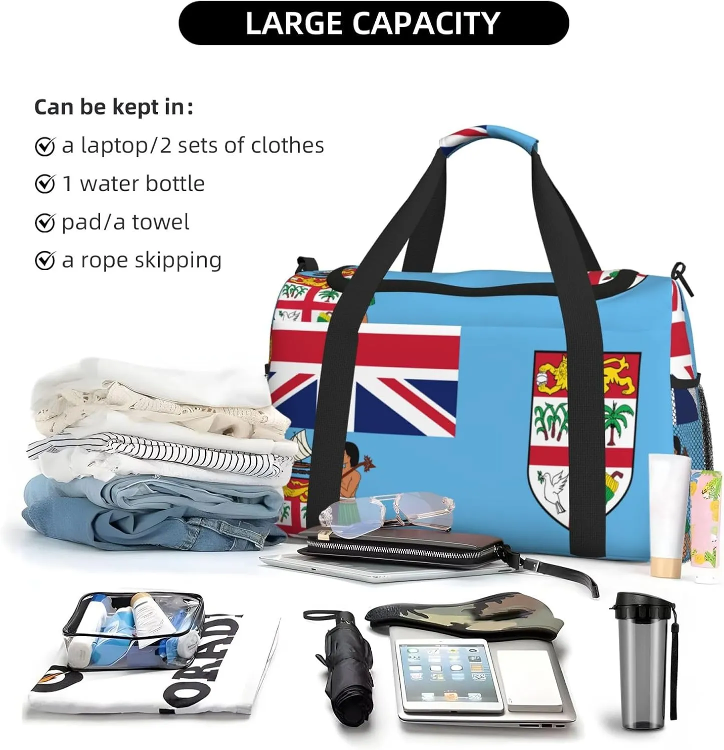 Flag Of Fiji Travel Duffel Bag Large Foldable Waterproof Overnight Bag For Beach Swim Bags Pool Sports Gym