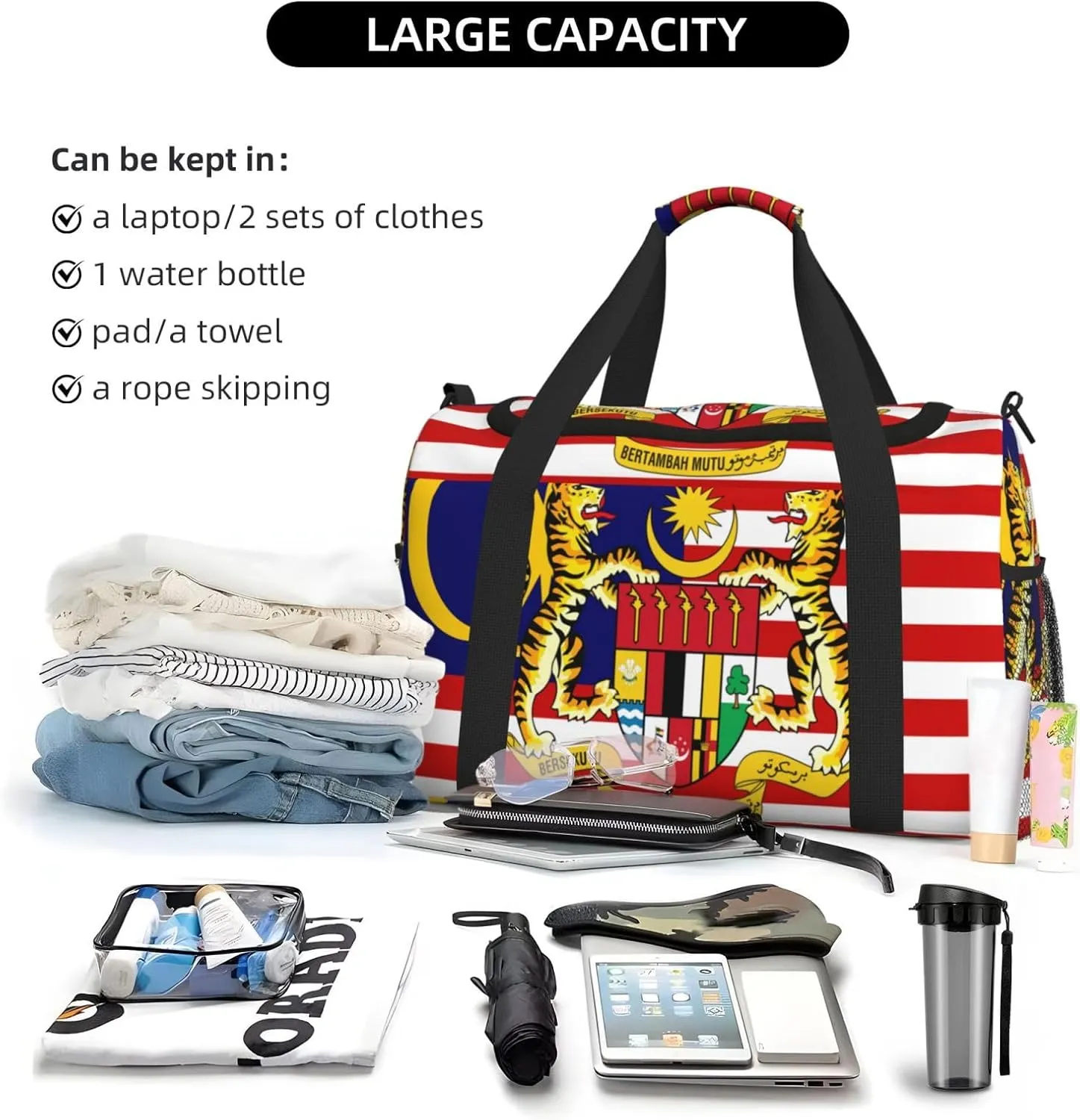 Flag Of Malaysia Travel Duffel Bag Large Foldable Waterproof Overnight Bag For Beach Swim Bags Pool Sports Gym