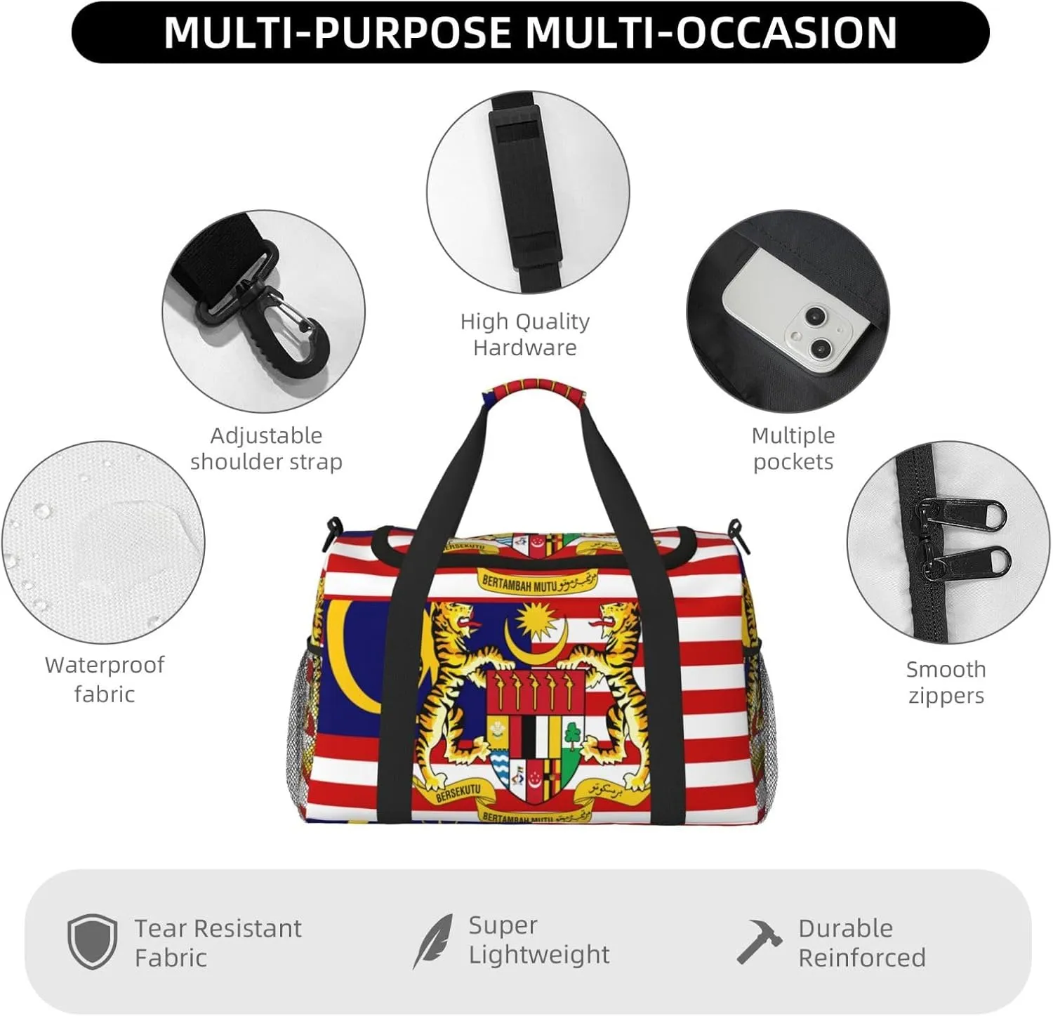 Flag Of Malaysia Travel Duffel Bag Large Foldable Waterproof Overnight Bag For Beach Swim Bags Pool Sports Gym
