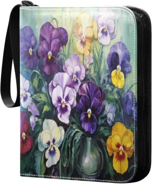 Flower Painting Card Binder with 50 Removable Page Sleeves PU Leather Collectible Trading Card Albums Book with Zipper for Games Card,Baseball Cards