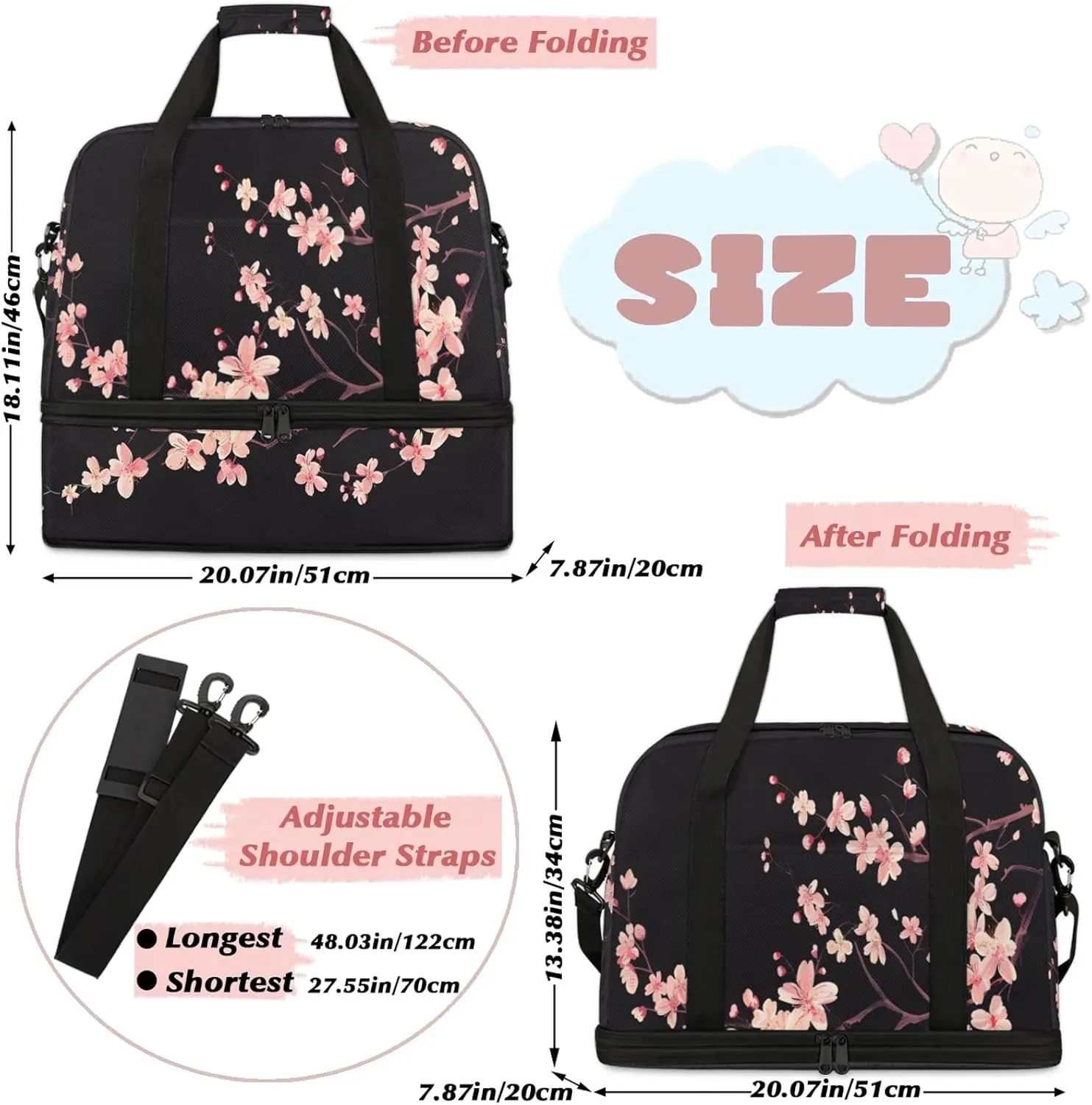 Flower Pink Spring BlackTravel Duffel Bags for Women & Men Large Sports Gym Bags Foldie Weekender Overnight Bag Carry On Tote Bag With Shoe Compartment Personal Item Bag for Travel Sports Gym
