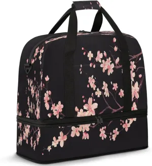 Flower Pink Spring BlackTravel Duffel Bags for Women & Men Large Sports Gym Bags Foldie Weekender Overnight Bag Carry On Tote Bag With Shoe Compartment Personal Item Bag for Travel Sports Gym